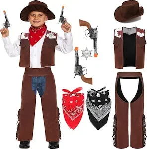 Velmawig Cowboy Kostüm Kinder Deluxe Zubehör Set Western Cowboy Polizei Cosplay Karneval Kostüm mit Sombrero Cowboyhut Weste Halstuch Bandana für Jungen Mädchen Geburtstagsparty Dress Up
