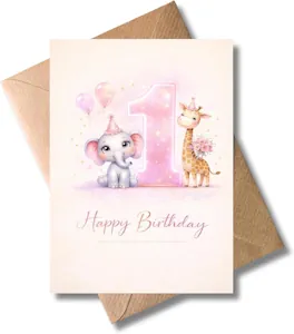 WBdesignz 1. Geburtstag Karte mit Umschlag - Süße Glückwunschkarte zum ersten Geburtstag mit Tiermotiv Elefant & Giraffe - Kindergeburtstag - Für Mädchen, Kinder, Eltern, Familie & Freunde (DIN A6) 