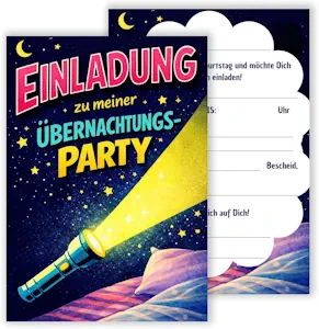 WBdesignz 12er-Set Übernachtungsparty Geburtstagseinladungen - Einladungskarten Taschenlampe zum Kindergeburtstag - Einladungen Geburtstag für Kinder - Rückseite zum selber ausfüllen (DIN A6) 
