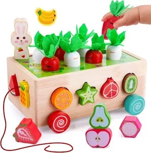 YGJT Montessori Motorikspielzeug ab 1 Jahr Spielzeug 6 in 1 Holz, SteckSpiel Sortierspiel Karottenernte Stapelspiel Lernspielzeug Ostern Geburtstag Geschenk für 2 3 Jahre Mädchen Junge 