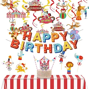Zirkus Geburtstag Deko Kindergeburtstag Banner HAPPY BIRTHDAY Kuchendeko Deckenhänger Tischdecke Rot