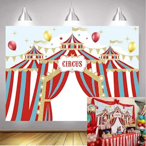 Zirkus Karneval Hintergrund Rot Vorhang Zelt Bunte Luftballons Baby Shower Kinder Geburtstag Fotografie Hintergrund (15,7 x 9,1 m)